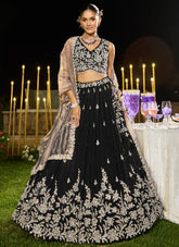 Captivating black satin silk embroidered lehenga choli with dupatta